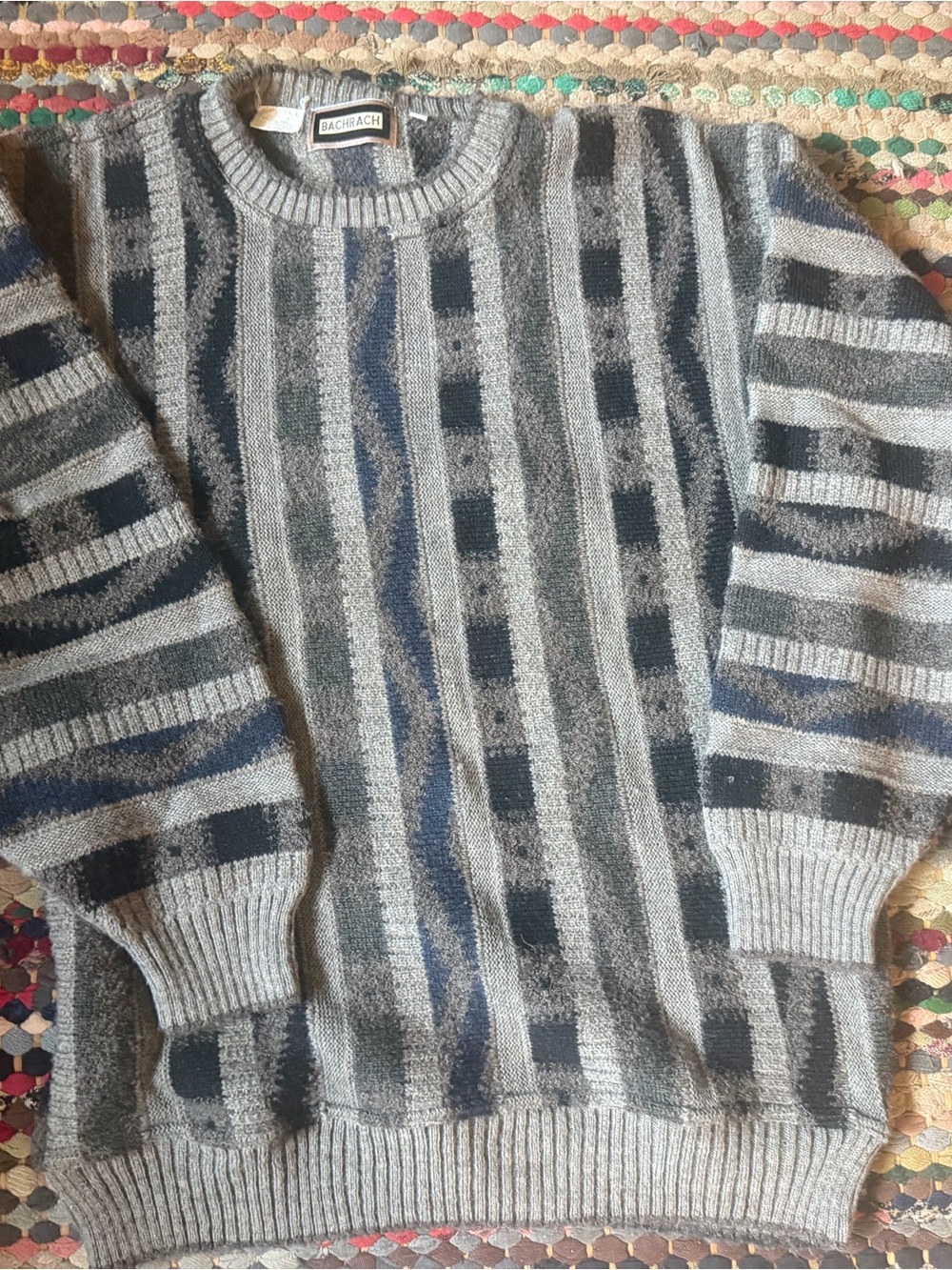 Bachrach Grey and Navy Striped Pattern Crewneck Sweater
